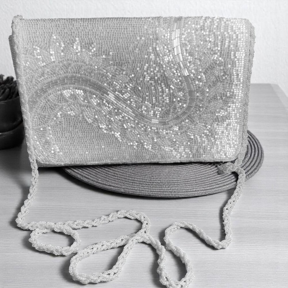 Vintage Ivory Beaded Evening Bag Y2K Prom Formal Clutch Purse Bridal Handbag